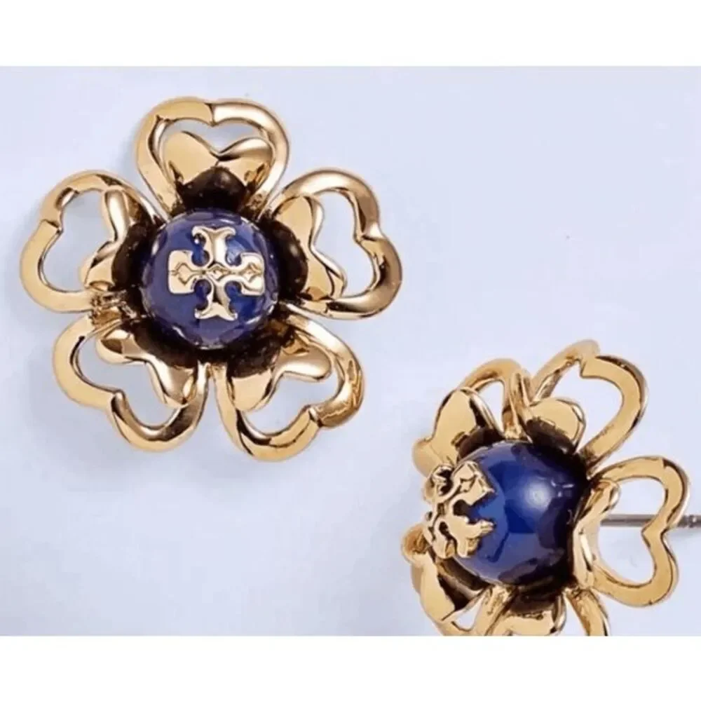 Tory Burch NEW 16k-gold plate blue faux pearl Katie Stud Earrings